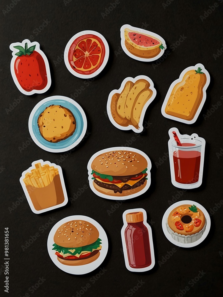 Flat stickers featuring various food items. Flat stickers featuring various food items.