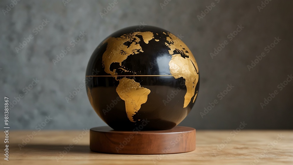 Floating Globe with Golden Continents on a Wooden Base Floating Globe with Golden Continents on a Wooden Base