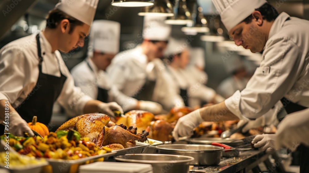 Team of Chefs Preparing Thanksgiving Turkeys in a Bustling Commercial Kitchen Team of Chefs Preparing Thanksgiving Turkeys in a Bustling Commercial Kitchen