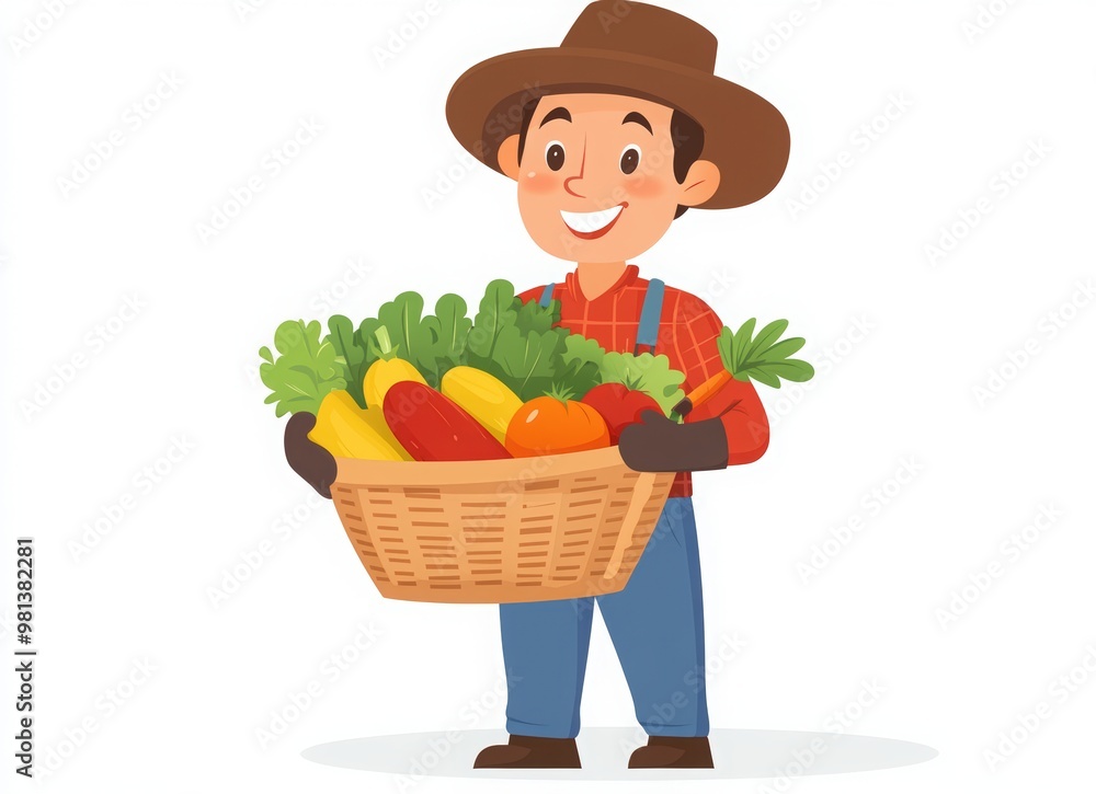 A young farmer holding a basket full of vegetables, a happy man wearing a hat and gloves, isolated on a white background. farmer's day A young farmer holding a basket full of vegetables, a happy man wearing a hat and gloves, isolated on a white background. farmer's day