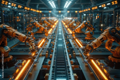 Advanced robotic arms operate on a high-tech assembly line in a modern manufacturing facility at night