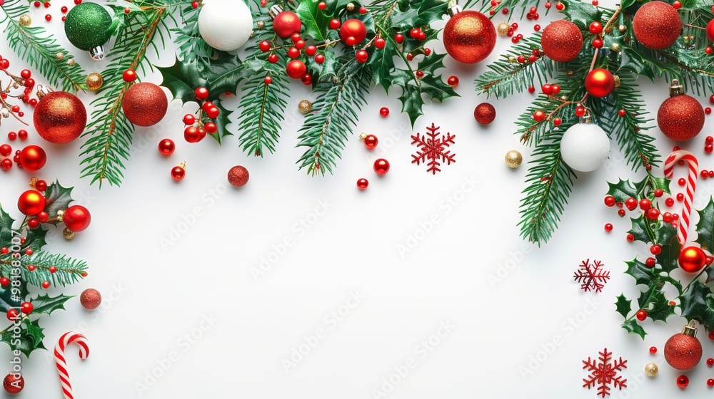 Christmas themed border decorated with festive elements ornaments, candy canes, holly leaves, Christmas lights, and snowflakes decoration of art frame wallpaper,card and banner on white background. Christmas themed border decorated with festive elements ornaments, candy canes, holly leaves, Christmas lights, and snowflakes decoration of art frame wallpaper,card and banner on white background.