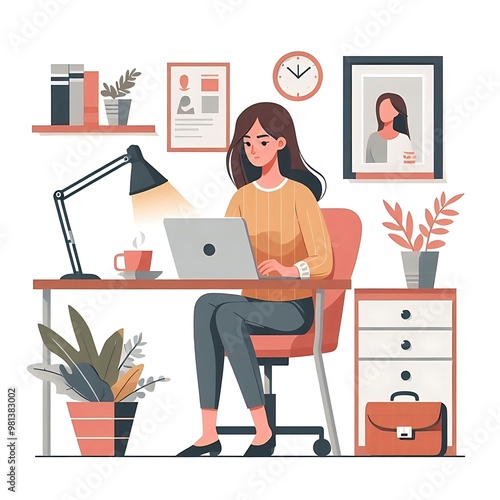 A flat-style illustration of a woman focused on her laptop. Ideal for work-from-home, business, tech, or freelance-related designs. Clean and simple composition on a white background.