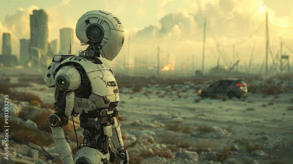 Futuristic robotic or figure stands in a gritty dystopian cityscape with an industrial skyline moody atmosphere and heavy traffic and pollution in the background Futuristic robotic or figure stands in a gritty dystopian cityscape with an industrial skyline moody atmosphere and heavy traffic and pollution in the background