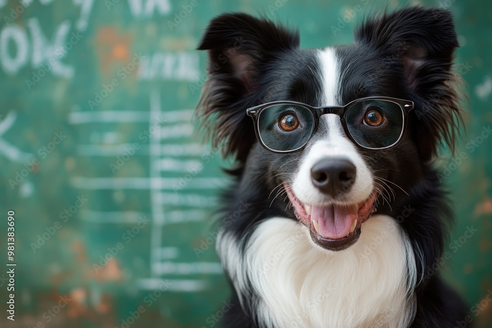 Fototapeta premium A black and white dog wearing glasses smiles in front of a green chalkboard.