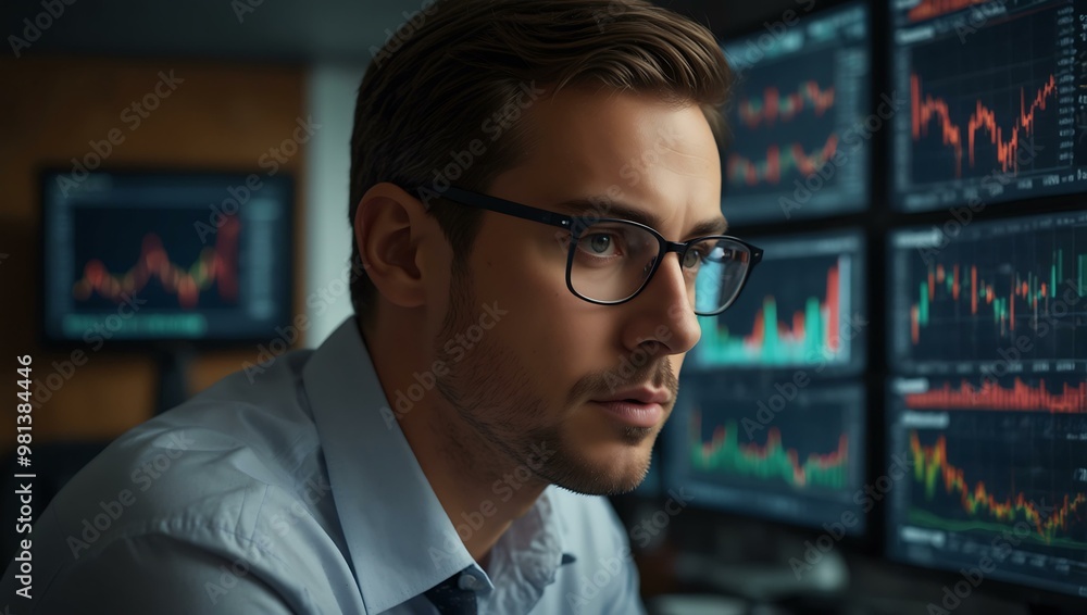 Focused man analyzing data on multiple screens, finance concentration. Focused man analyzing data on multiple screens, finance concentration.