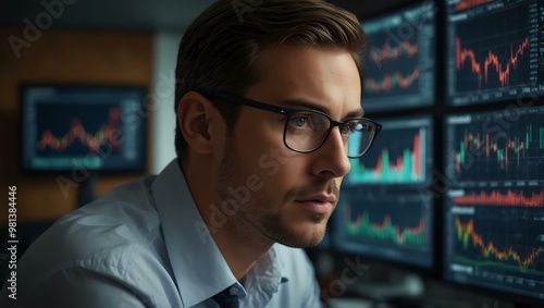 Focused man analyzing data on multiple screens, finance concentration.