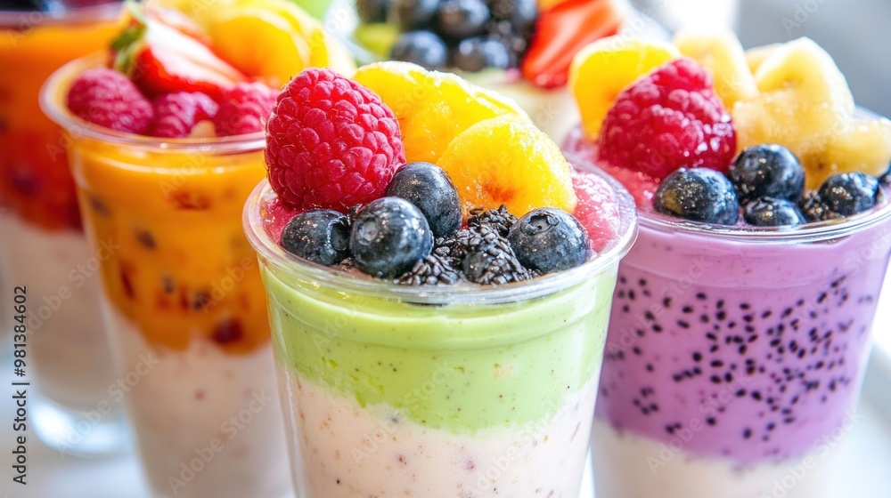 Colorful Fruit Smoothie Cups with Berries and Tropical Fruit Toppings, Perfect for Healthy and Refreshing Treats Colorful Fruit Smoothie Cups with Berries and Tropical Fruit Toppings, Perfect for Healthy and Refreshing Treats