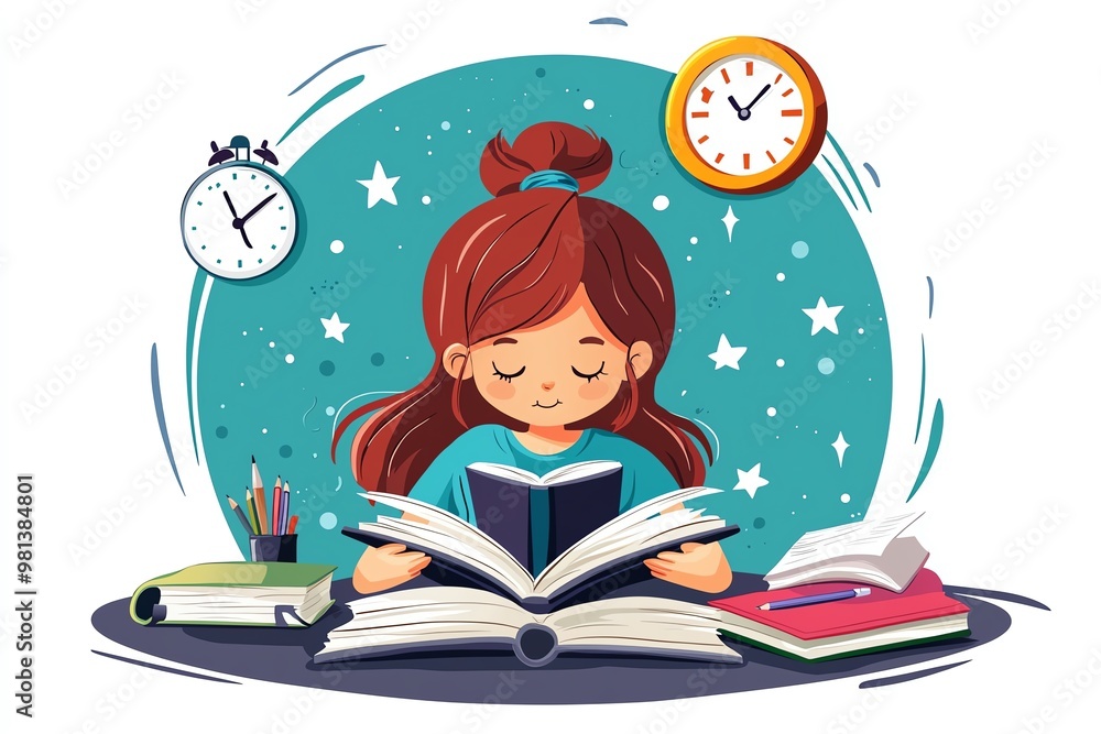 Reading a Book with Study Elements - A Calming Illustration Highlighting Time Management, Focus, and the Joy of Learning Reading a Book with Study Elements - A Calming Illustration Highlighting Time Management, Focus, and the Joy of Learning