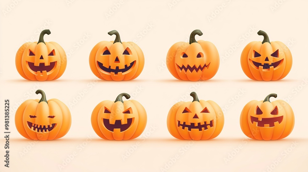 Set of 3D realistic orange pumpkins with a mix of scary and joyful smiles Perfect design elements for Halloween decor isolated on a light background Set of 3D realistic orange pumpkins with a mix of scary and joyful smiles Perfect design elements for Halloween decor isolated on a light background