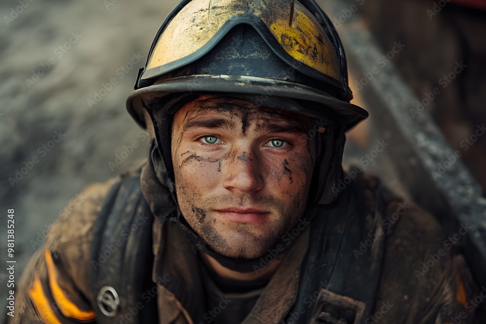 portrait of dirty firefighter man wearing his helmet and rescue uniform portrait of dirty firefighter man wearing his helmet and rescue uniform