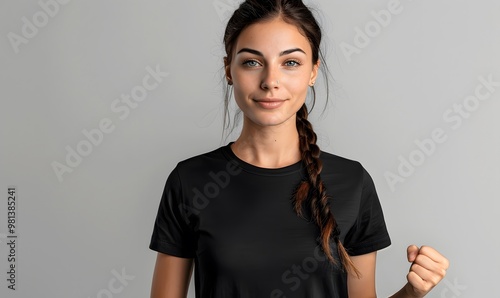 Confident Woman in Black T-shirt with Braided Hair and Fist Pump