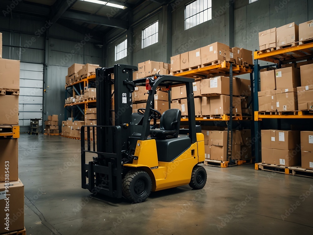 Forklift moving goods in a busy warehouse with high shelves. Forklift moving goods in a busy warehouse with high shelves.