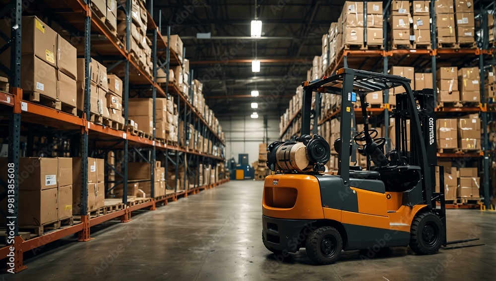 Forklift transporting goods in a busy warehouse with high shelves stocked with products. Forklift transporting goods in a busy warehouse with high shelves stocked with products.