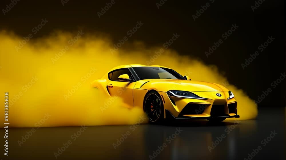 Yellow sports car on a black background, a lot of yellow smoke around. Smoke animation Yellow sports car on a black background, a lot of yellow smoke around. Smoke animation