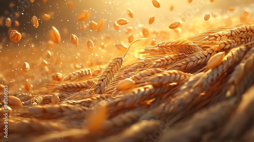 Golden wheat field with grains cascading in sunlight, depicting nature's bounty and the beauty of harvest season. photo