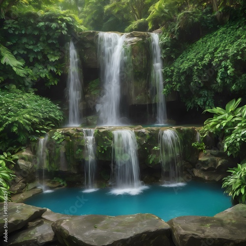 A majestic waterfall cascading over rocks into a crystal-clear pool, surrounded by lush greenery