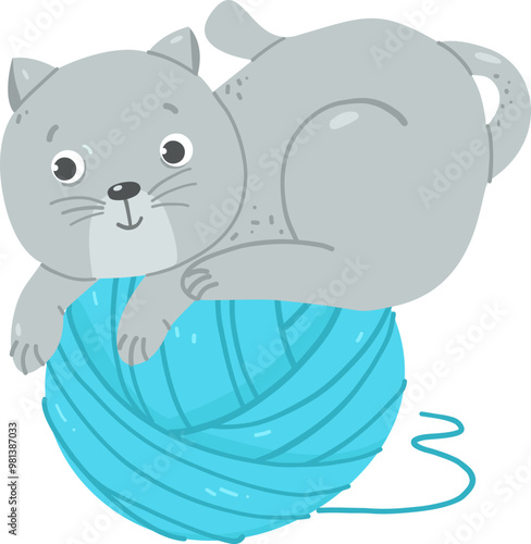 Blue Grey Hand drawn of a cat playing a roll of thread vector illustration