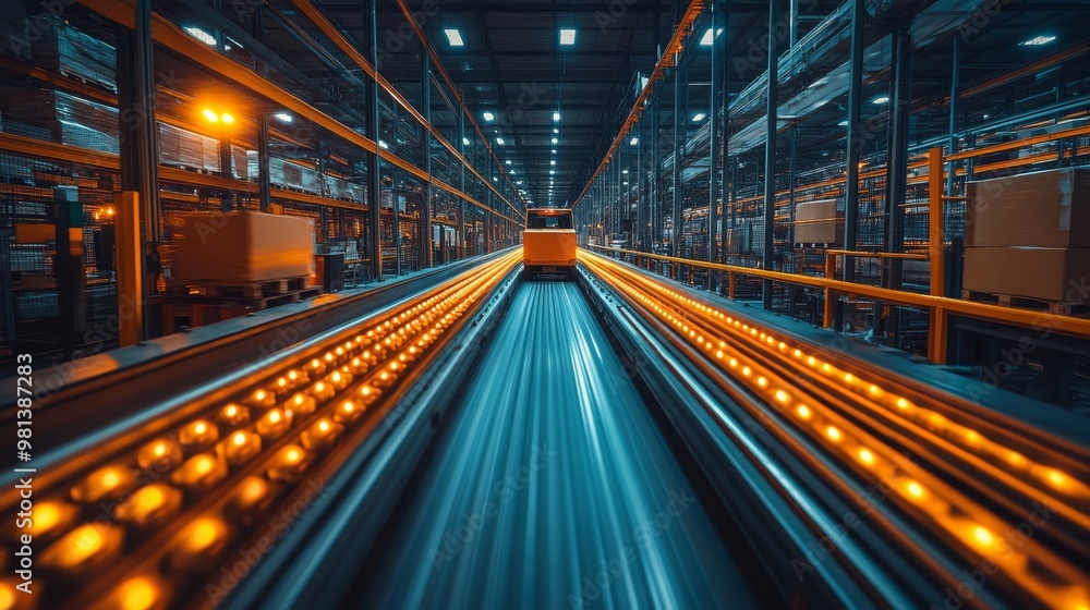 Fototapeta premium Automated mobile robots navigating a warehouse with dynamic lighting at night