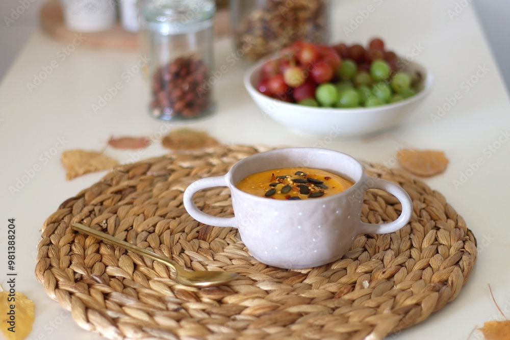Pumpkin and potato creamy soup, bowl of grapes, jars of nuts and autumn leaves on the table. Selective focus. Pumpkin and potato creamy soup, bowl of grapes, jars of nuts and autumn leaves on the table. Selective focus.