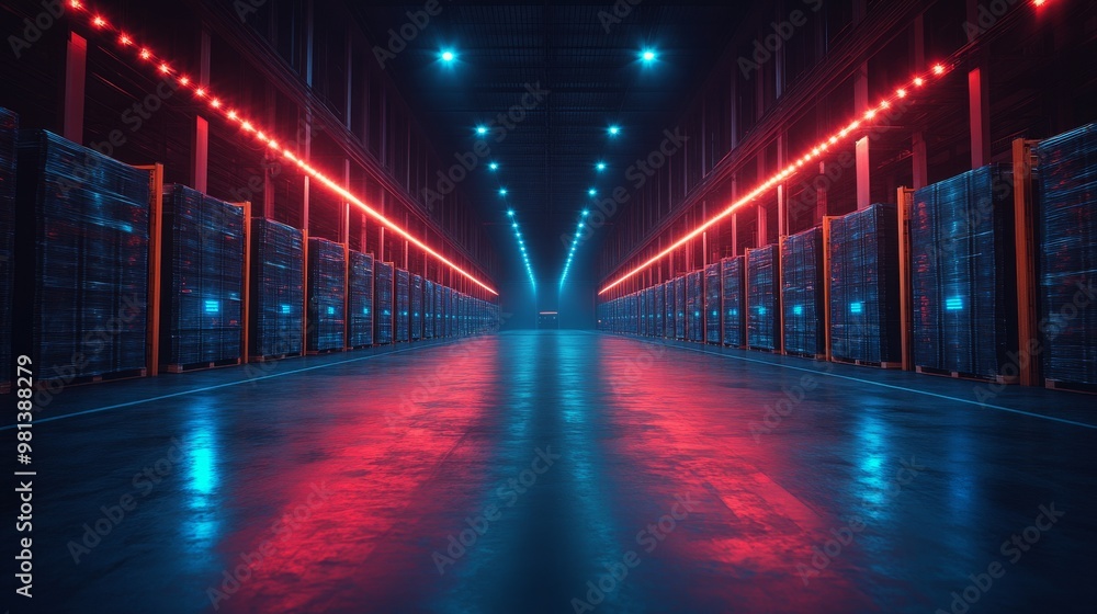 Automated mobile robots navigate a dark warehouse illuminated by colorful lights at night Automated mobile robots navigate a dark warehouse illuminated by colorful lights at night