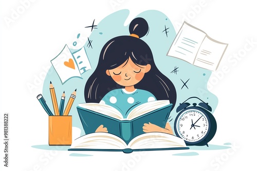 Reading a Book with Study Elements - A Calming Illustration Highlighting Time Management, Focus, and the Joy of Learning