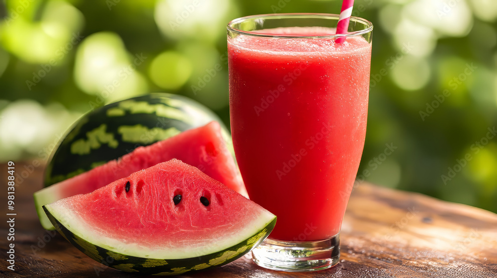 A refreshing watermelon smoothie with a slice of watermelon on the side.