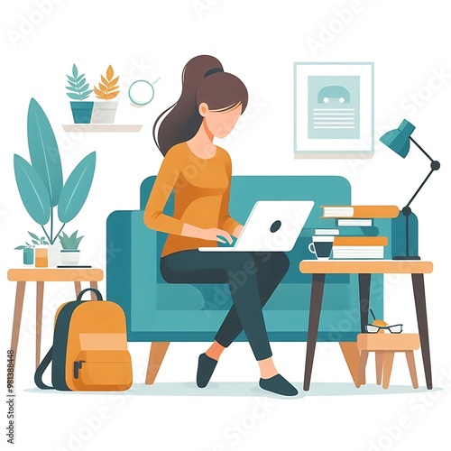 A flat-style illustration of a woman focused on her laptop. Ideal for work-from-home, business, tech, or freelance-related designs. Clean and simple composition on a white background.