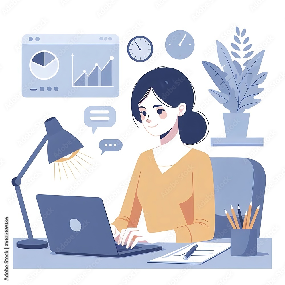 A flat-style illustration of a woman focused on her laptop. Ideal for work-from-home, business, tech, or freelance-related designs. Clean and simple composition on a white background. A flat-style illustration of a woman focused on her laptop. Ideal for work-from-home, business, tech, or freelance-related designs. Clean and simple composition on a white background.