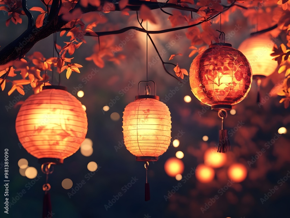Obraz premium Luminous Lanterns Hanging Among Autumn Leaves in a Cozy Outdoor Scene