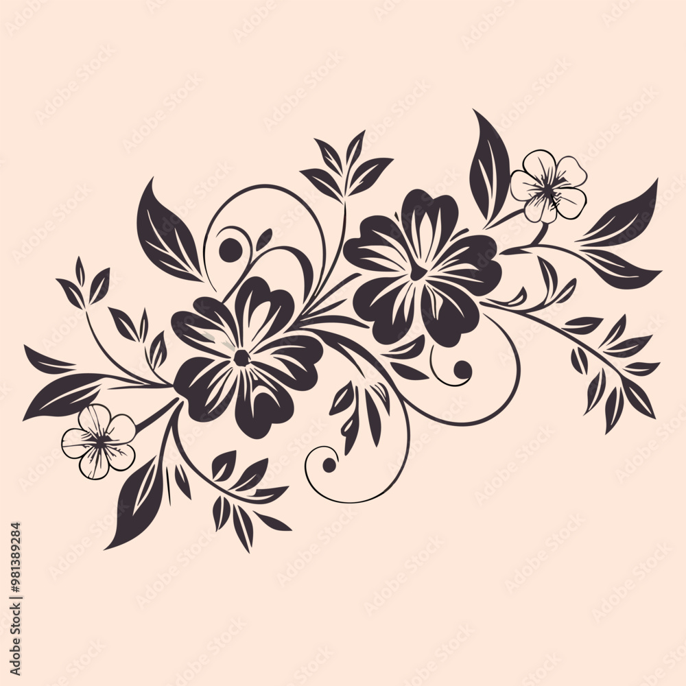 Obraz premium a black and white silhouette of a bunch of flowers. The flowers are daisies with five petals each and a yellow center. The stems and leaves are long and thin, with a few small buds