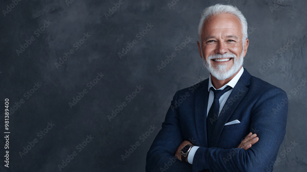Smiling mature businessman with folded arms posing against a dark grey backdrop Smiling mature businessman with folded arms posing against a dark grey backdrop