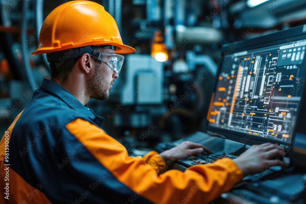 Heavy industry engineer working on computer in a factory Heavy industry engineer working on computer in a factory