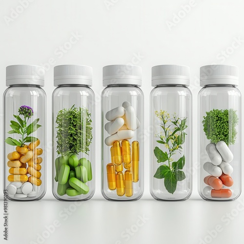 Futuristic design of supplements in geometric glass containers, alternative supplements, innovative natural health packaging design