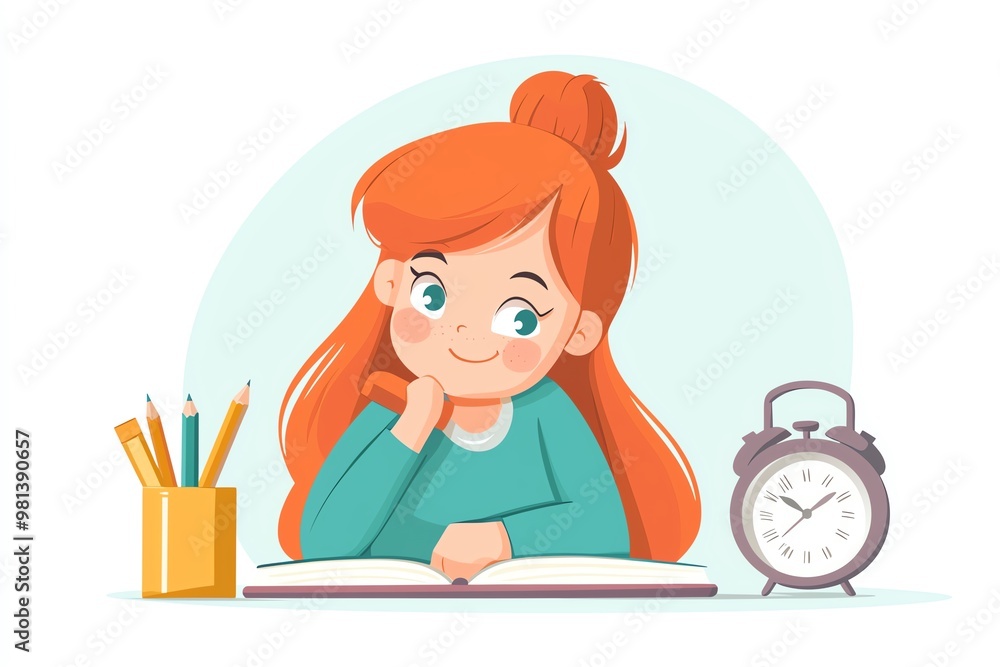 Reading a Book with Study Elements - A Calming Illustration Highlighting Time Management, Focus, and the Joy of Learning Reading a Book with Study Elements - A Calming Illustration Highlighting Time Management, Focus, and the Joy of Learning