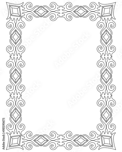 Vertical frame with gems and curls - vector linear drawing for coloring in a magical, elven style. Outline. Frame for creating ornaments, template for creativity.