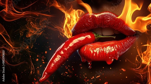 Seductive Red Lips, Fiery Flames, and Dripping Hot Pepper - Spice and Passion Concept for Posters