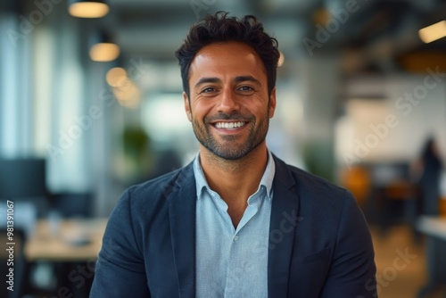 portrait of a handsome smiling asian indian businessman boss in a suit standing in his modern business company office. his workers standing in the blurry background. 