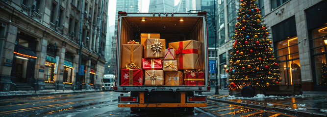 Delivery truck full of christmas gifts parked on snowy street