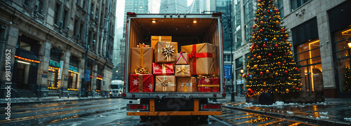 Delivery truck full of christmas gifts parked on snowy street