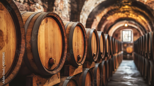 A wine cellar filled with rows of wooden barrels, where wine and cognac age to perfection.