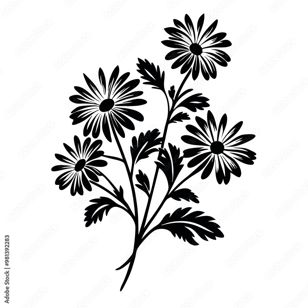 a black and white silhouette of a bunch of flowers. The flowers are daisies with five petals each and a yellow center. The stems and leaves are long and thin, with a few small buds