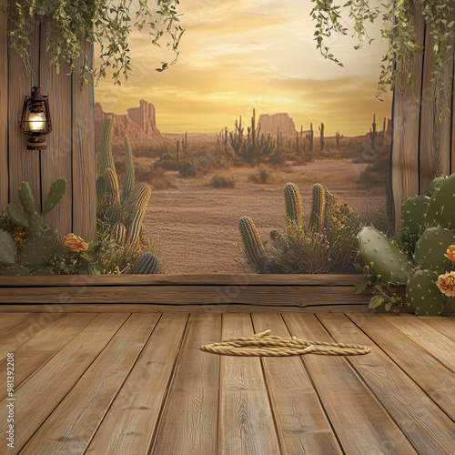 A cowboy country western background or wallpaper with cactus and rope on aged grunge stucco wall, frontier  style - a textural antique background with an old Wild West theme or desert southwest motif photo