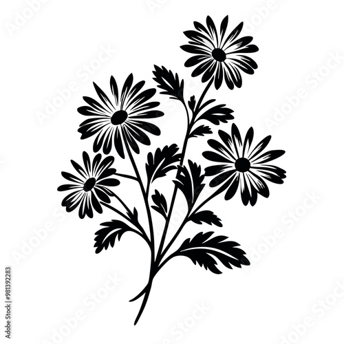 Obraz na płótnie a black and white silhouette of a bunch of flowers. The flowers are daisies with five petals each and a yellow center. The stems and leaves are long and thin, with a few small buds w salonie