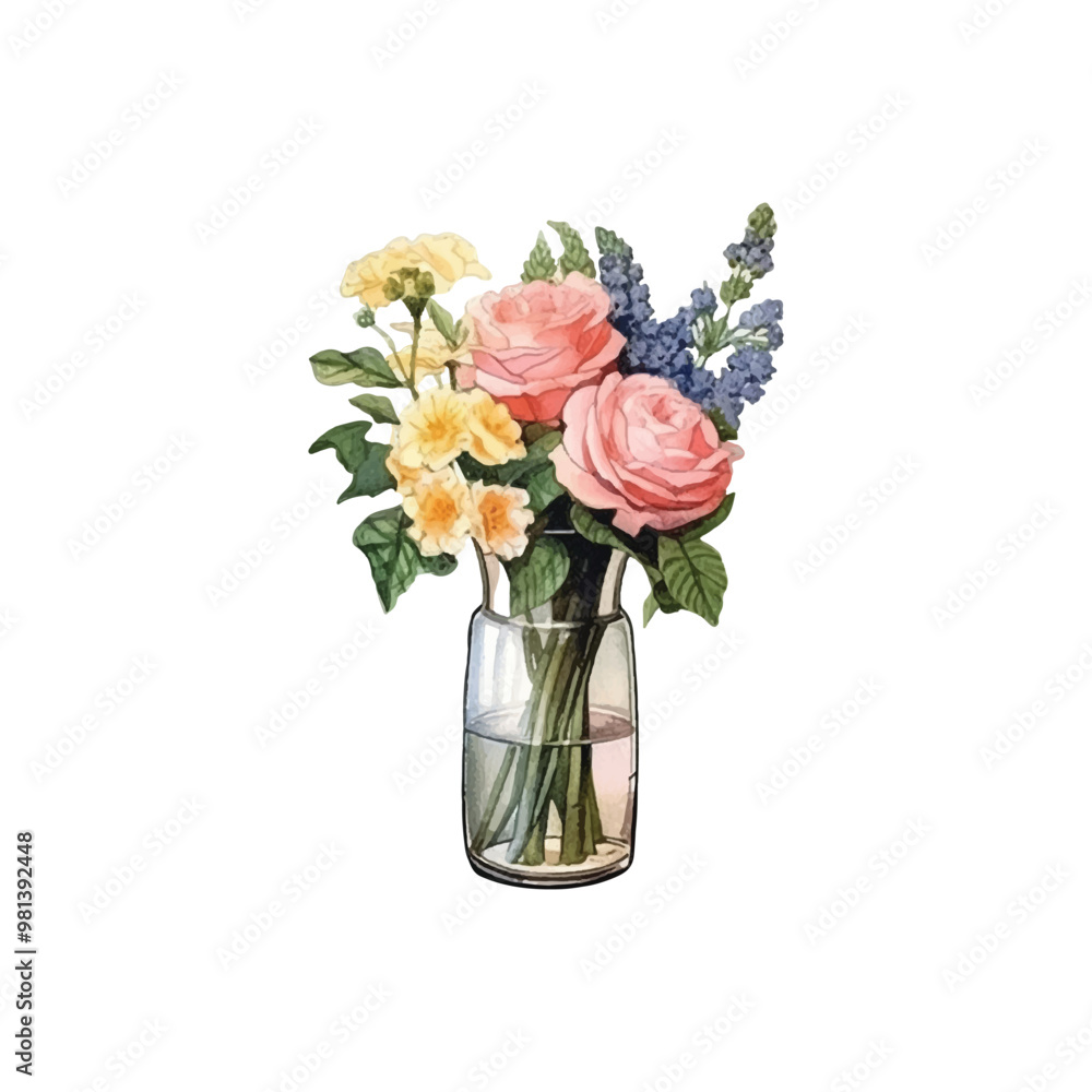 watercolor A flower basket is placed on top of a flower vase vector illustration, white background watercolor A flower basket is placed on top of a flower vase vector illustration, white background