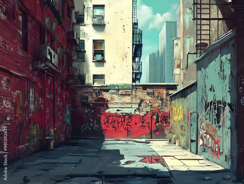 Fototapeta premium Vibrant Urban Graffiti Adorning a Weathered Alley Wall in Gritty Cityscape