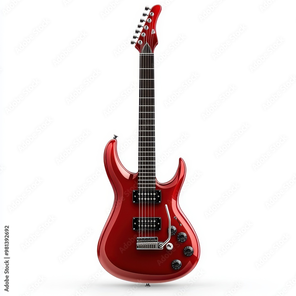 Obraz premium A vibrant red electric guitar featuring modern design and sleek lines, perfect for musicians and music lovers alike, white background