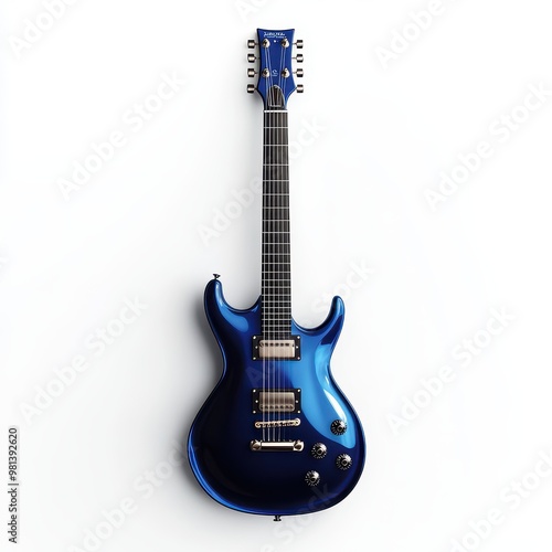 A sleek blue electric guitar showcased on a minimalistic background, perfect for music enthusiasts and artful presentations, white background