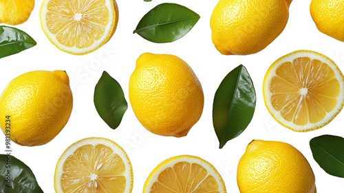 Whole and halved lemons on a PNG background
