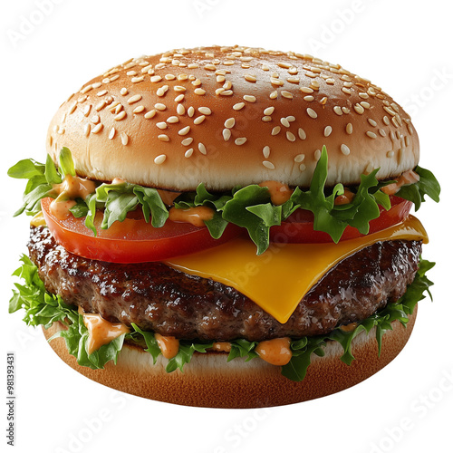 A juicy hamburger with a sesame seed bun, layers of fresh lettuce, tomato, cheese, and a beef patty, placed on a clean PNG background. photo